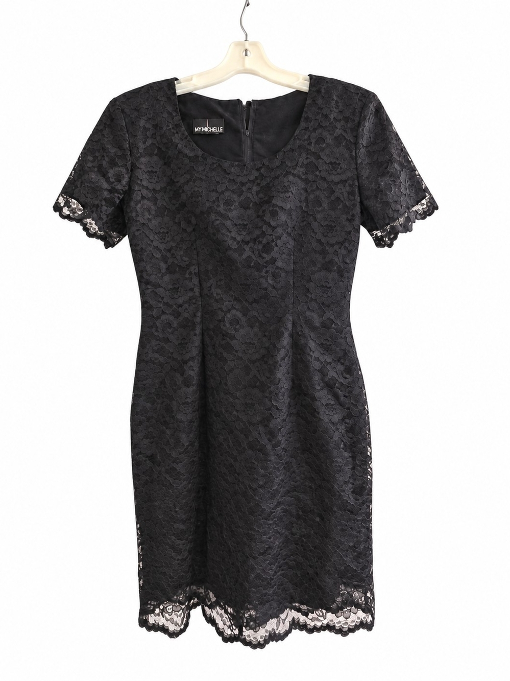 My Michelle Black Lace Scallop-Hem Sheath Dress
